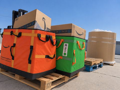 Marketplace delivery totes loaded with cartons on pallets, ready to ship